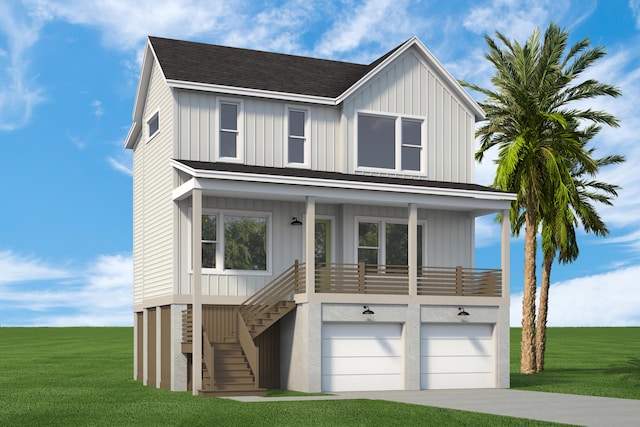 view of front facade with a garage, a front yard, stairs, and driveway