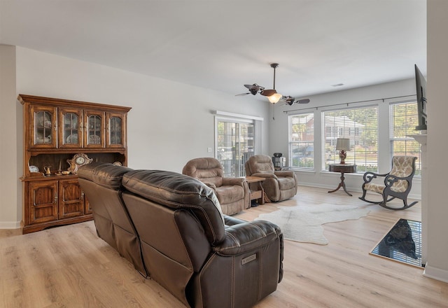 living room with ceiling fan and light wood-type flooring