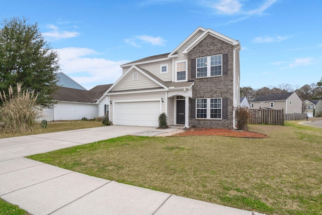 traditional home featuring fence, driveway, a front lawn, a garage, and brick siding