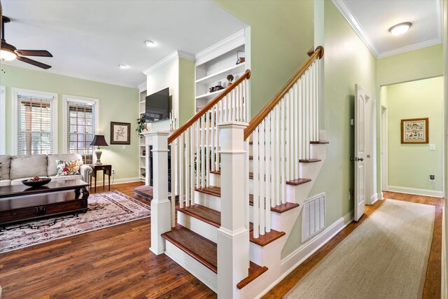 1119 Bruton Blvd, Moncks Corner, SC 29461 - staircase featuring wood finished floors, ornamental molding, ceiling fan, baseboards, and recessed lighting