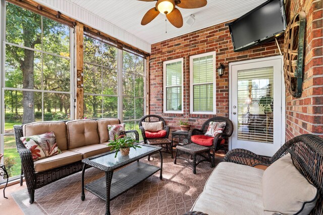 1119 Bruton Blvd, Moncks Corner, SC 29461 - sunroom featuring a ceiling fan, an outdoor hangout area, and plenty of natural light