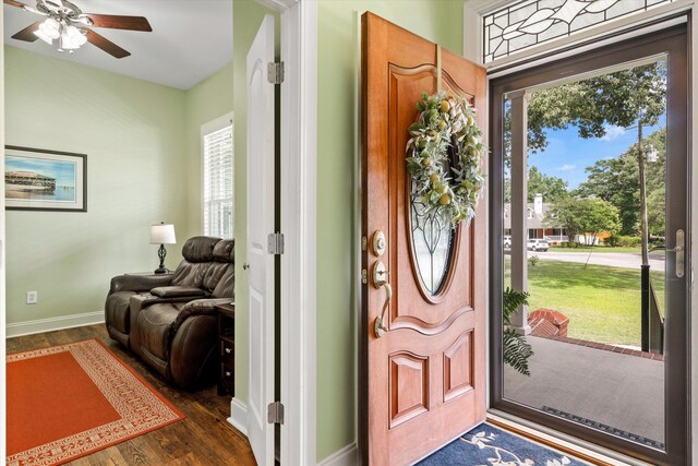 1119 Bruton Blvd, Moncks Corner, SC 29461 - entryway featuring dark wood finished floors, plenty of natural light, ceiling fan, and baseboards