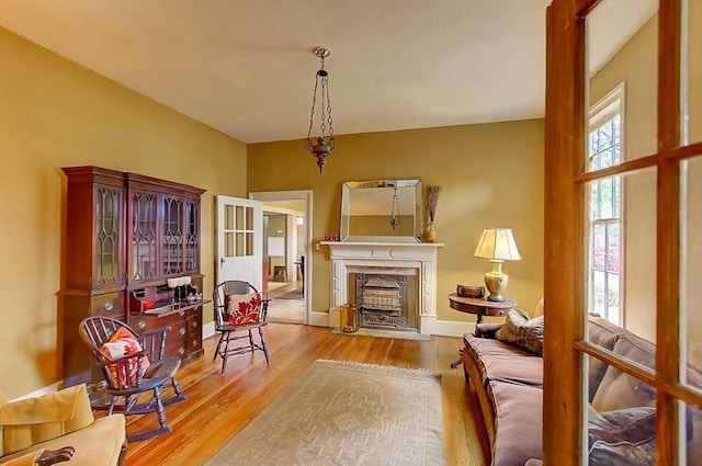 sitting room featuring a fireplace, baseboards, and wood finished floors