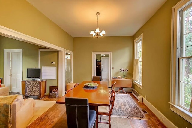 dining room with visible vents, wood finished floors, a healthy amount of sunlight, and a chandelier