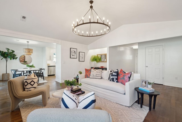 living room featuring lofted ceiling and wood-type flooring