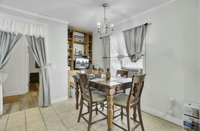 dining space featuring light tile patterned floors, a notable chandelier, cooling unit, and crown molding