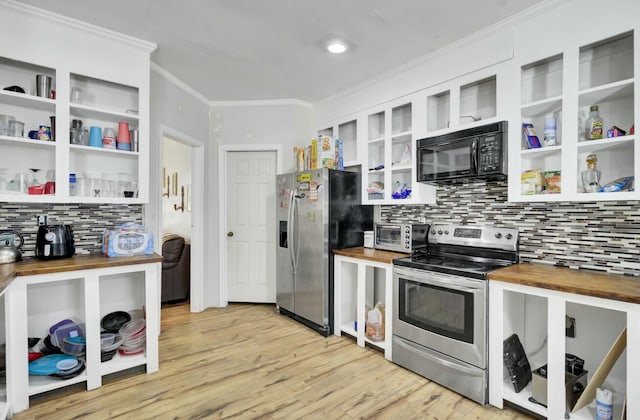 kitchen featuring wooden counters, stainless steel appliances, and open shelves