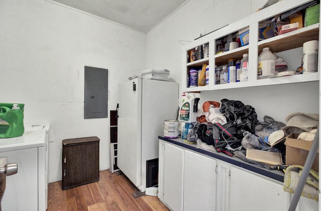 clothes washing area featuring electric panel, washer / clothes dryer, laundry area, and light wood finished floors