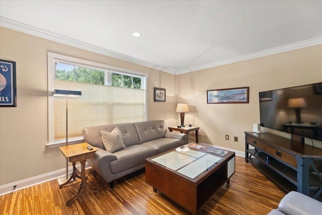 living room featuring baseboards, ornamental molding, and dark wood-type flooring