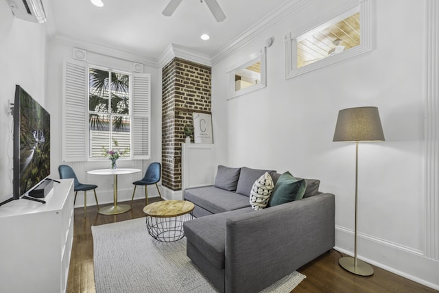 33 Pitt St Unit 3, Charleston, SC 29401 - living area with ornamental molding, a ceiling fan, wood finished floors, baseboards, and a wall unit AC