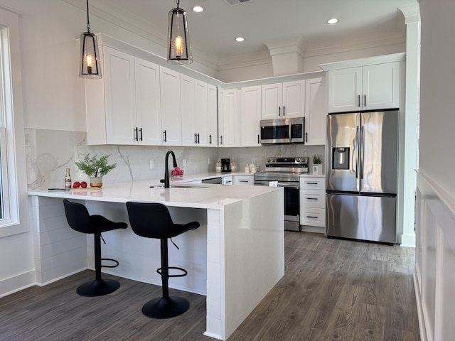 kitchen featuring a sink, a peninsula, stainless steel appliances, white cabinetry, and dark wood-style flooring