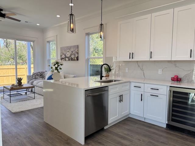 kitchen featuring wine cooler, a sink, dark wood finished floors, and stainless steel dishwasher