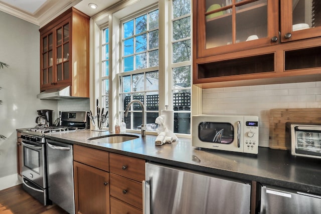 kitchen with decorative backsplash, appliances with stainless steel finishes, dark hardwood / wood-style flooring, ornamental molding, and sink