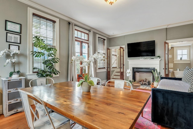 dining room with light hardwood / wood-style flooring and ornamental molding