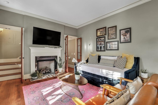 living room featuring crown molding and hardwood / wood-style floors