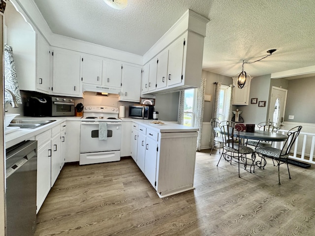 kitchen with a peninsula, wood finished floors, under cabinet range hood, a sink, and stainless steel appliances