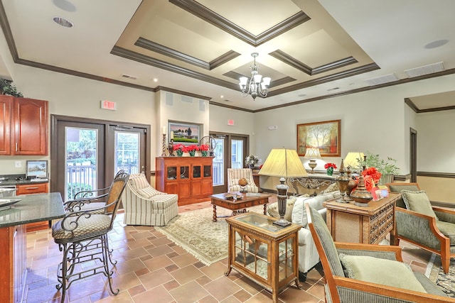 living area featuring visible vents, a notable chandelier, ornamental molding, coffered ceiling, and stone tile floors