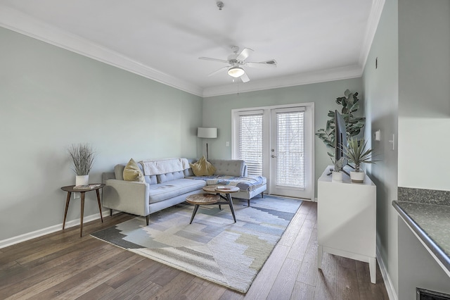 living room with baseboards, ceiling fan, ornamental molding, hardwood / wood-style flooring, and french doors