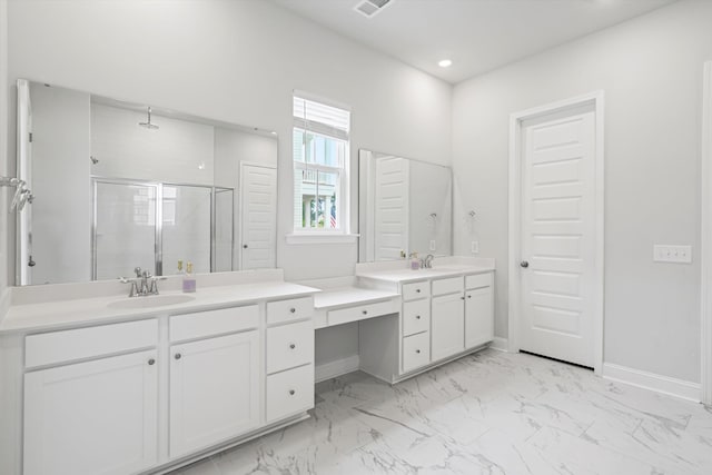 full bathroom with a shower stall, vanity, marble finish floors, baseboards, and recessed lighting