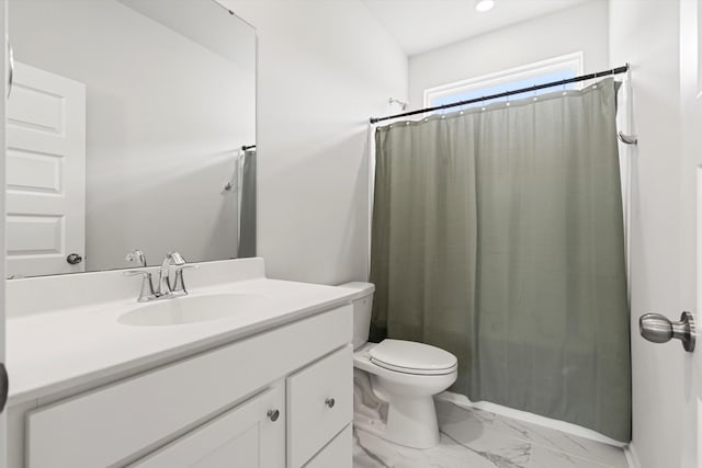 full bathroom featuring marble finish flooring, vanity, toilet, and a shower with curtain