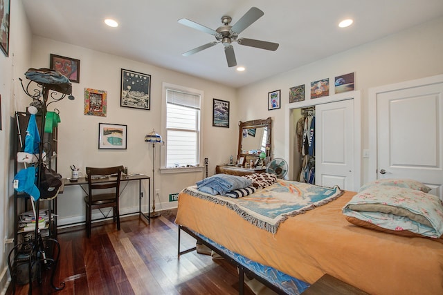 bedroom featuring a ceiling fan, dark wood-style floors, recessed lighting, a closet, and baseboards