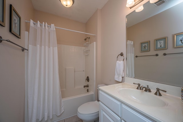 bathroom featuring tile patterned floors, toilet, visible vents, shower / bathtub combination with curtain, and vanity