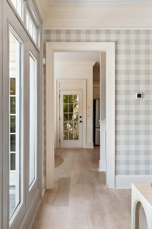 3508 Henrietta Hartford Rd, Mount Pleasant, SC 29466 - corridor with wallpapered walls, ornamental molding, and baseboards