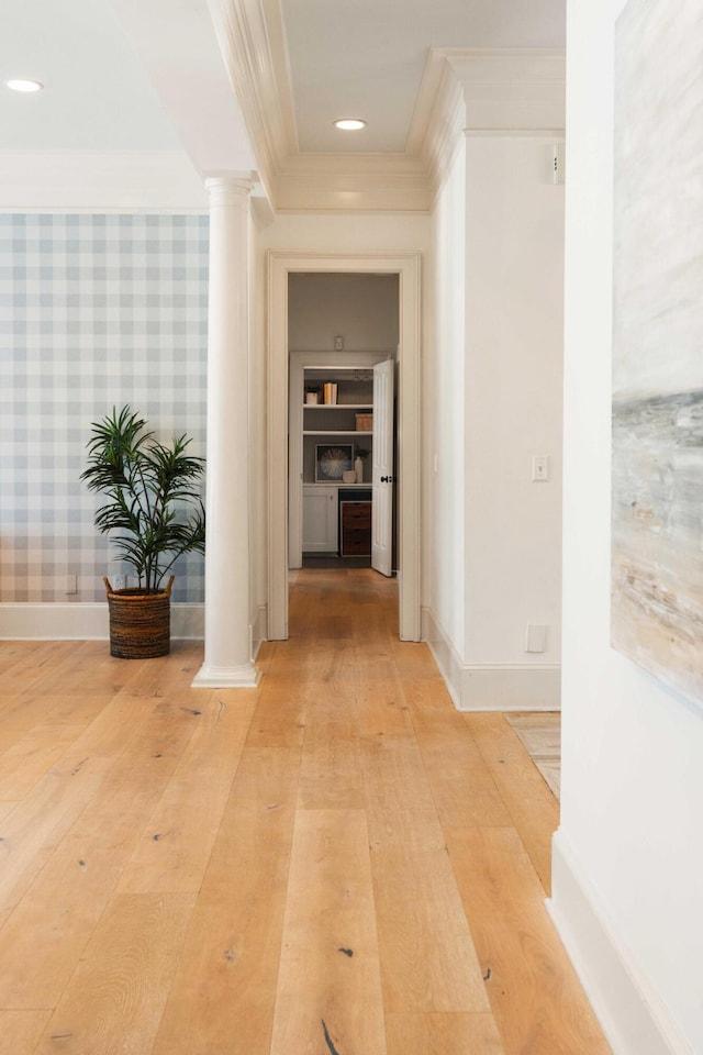 3508 Henrietta Hartford Rd, Mount Pleasant, SC 29466 - hall featuring decorative columns, crown molding, light wood-type flooring, wallpapered walls, and baseboards