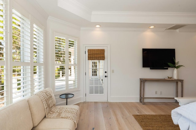 3508 Henrietta Hartford Rd, Mount Pleasant, SC 29466 - living area with light wood-type flooring, ornamental molding, baseboards, recessed lighting, and a raised ceiling