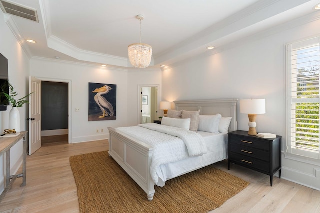 3508 Henrietta Hartford Rd, Mount Pleasant, SC 29466 - bedroom featuring a chandelier, a raised ceiling, light wood-type flooring, crown molding, and recessed lighting