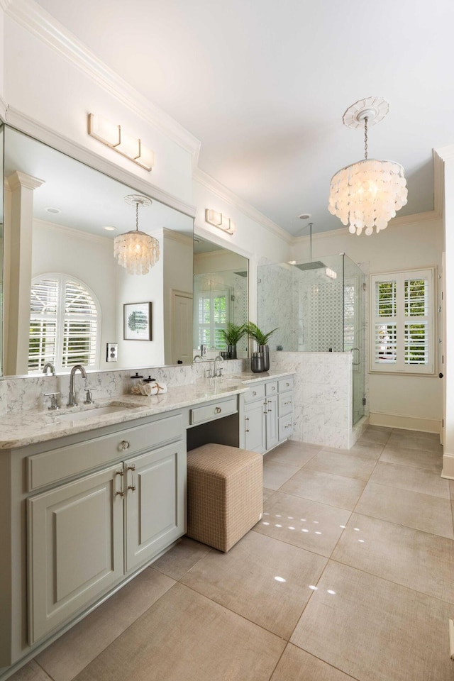 3508 Henrietta Hartford Rd, Mount Pleasant, SC 29466 - full bathroom with a chandelier, ornamental molding, a stall shower, vanity, and tile patterned floors