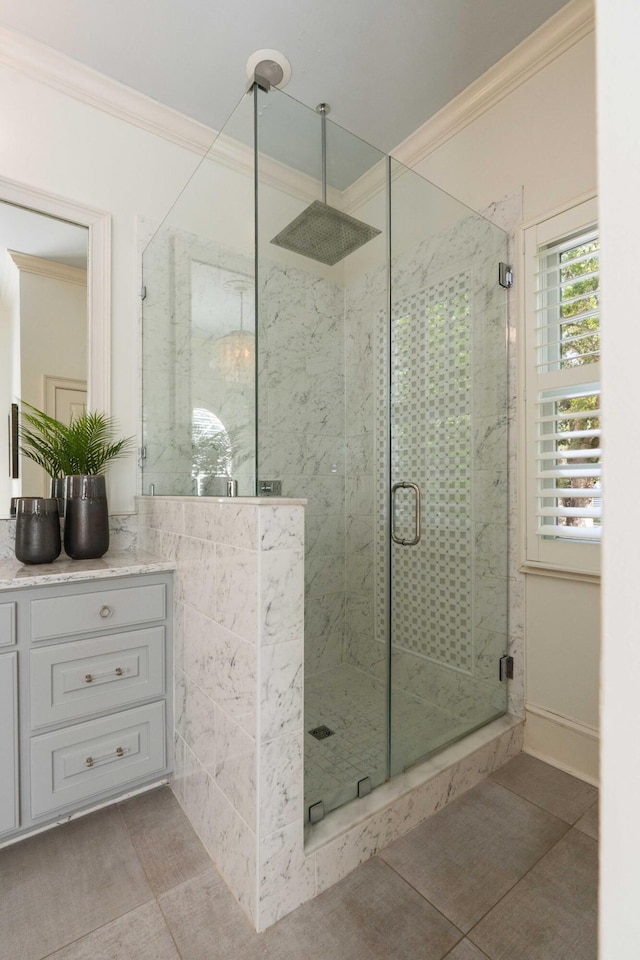 3508 Henrietta Hartford Rd, Mount Pleasant, SC 29466 - full bathroom with ornamental molding, a marble finish shower, vanity, and tile patterned floors