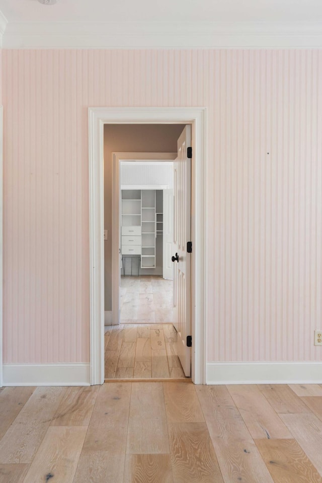 3508 Henrietta Hartford Rd, Mount Pleasant, SC 29466 - hallway featuring crown molding, hardwood / wood-style flooring, baseboards, and wallpapered walls