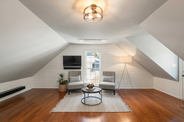 3508 Henrietta Hartford Rd, Mount Pleasant, SC 29466 - living area featuring wooden walls, wood finished floors, and vaulted ceiling