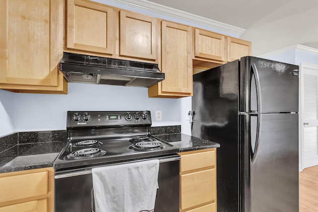 21 Rivers Point Row Unit 17G, Charleston, SC 29412 - kitchen featuring black appliances, under cabinet range hood, light brown cabinets, dark stone counters, and crown molding