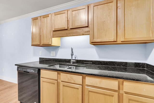 21 Rivers Point Row Unit 17G, Charleston, SC 29412 - kitchen featuring dishwasher, light brown cabinets, a sink, and crown molding
