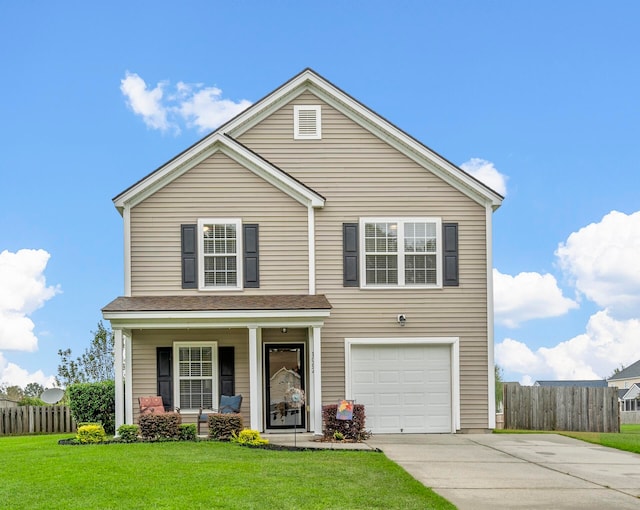 front facade with covered porch, a front yard, and a garage