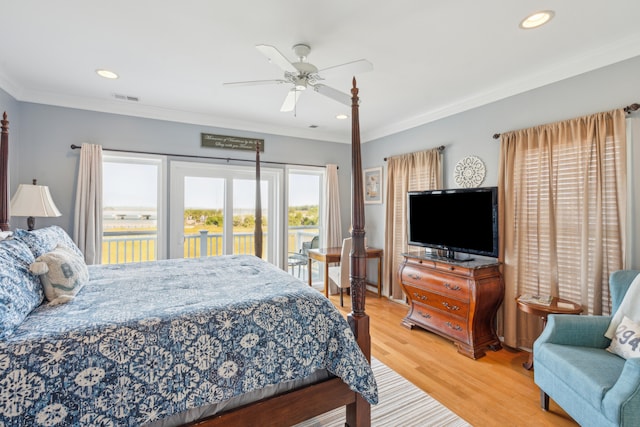 bedroom with access to outside, ceiling fan, crown molding, and wood-type flooring