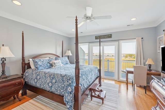 bedroom with ceiling fan, light hardwood / wood-style floors, ornamental molding, and access to outside