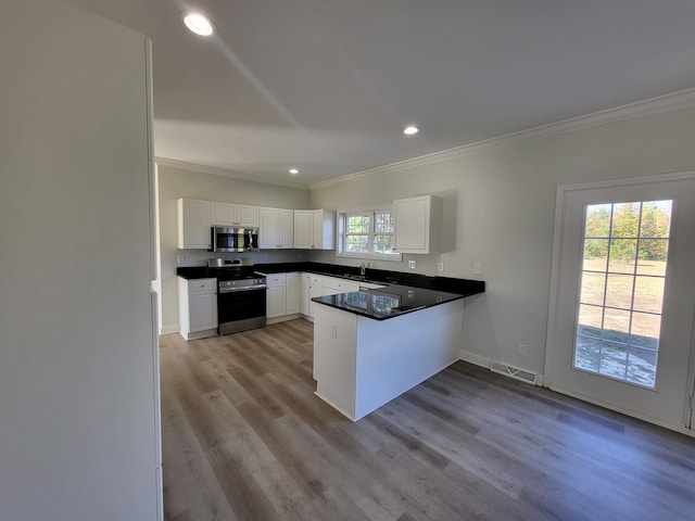 kitchen with stainless steel appliances, plenty of natural light, and white cabinets