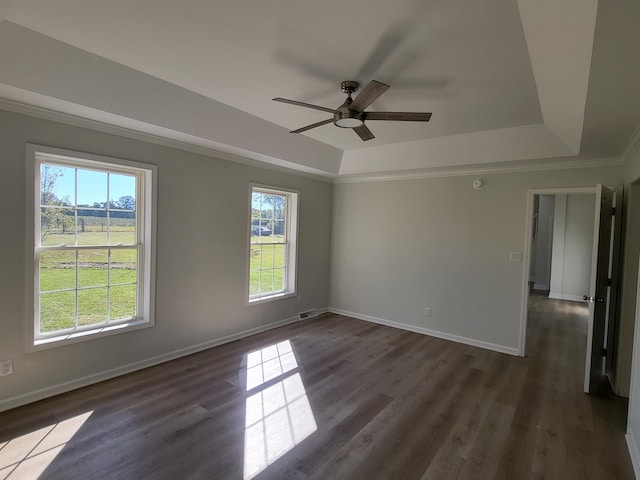 spare room with ornamental molding, dark wood-type flooring, ceiling fan, and a raised ceiling