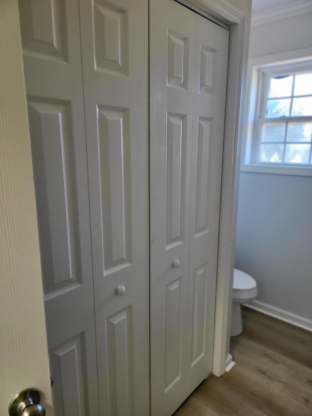 bathroom with toilet, crown molding, and wood-type flooring