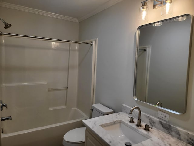 full bathroom featuring vanity, toilet, crown molding, and shower / washtub combination