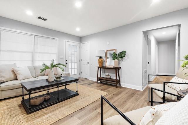 living room with light hardwood / wood-style flooring