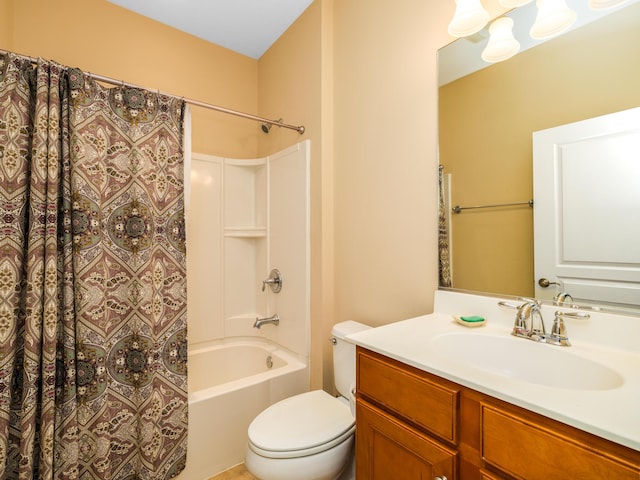 bathroom with shower / tub combo, toilet, and vanity