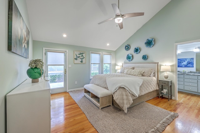 13 32nd Ave, Isle Of Palms, SC 29451 - bedroom with access to exterior, light wood-style floors, high vaulted ceiling, a ceiling fan, and baseboards