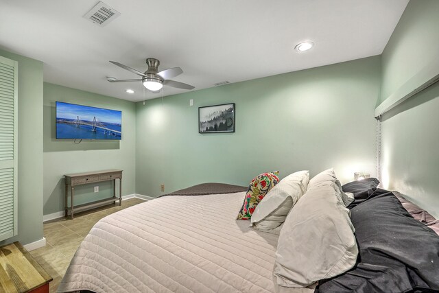 13 32nd Ave, Isle Of Palms, SC 29451 - bedroom with recessed lighting, a ceiling fan, tile patterned flooring, and baseboards