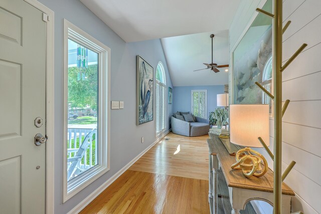 13 32nd Ave, Isle Of Palms, SC 29451 - entryway featuring light wood finished floors, a ceiling fan, vaulted ceiling, and baseboards