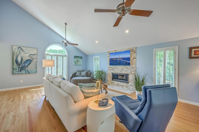 13 32nd Ave, Isle Of Palms, SC 29451 - living area with ceiling fan, healthy amount of natural light, a fireplace, baseboards, and high vaulted ceiling