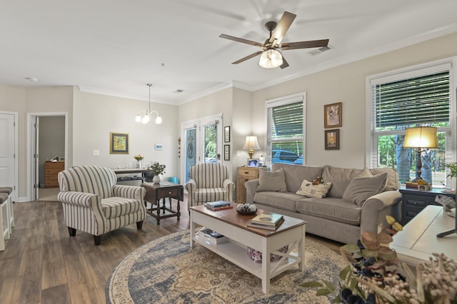 living area featuring crown molding, ceiling fan with notable chandelier, dark wood-type flooring, and visible vents